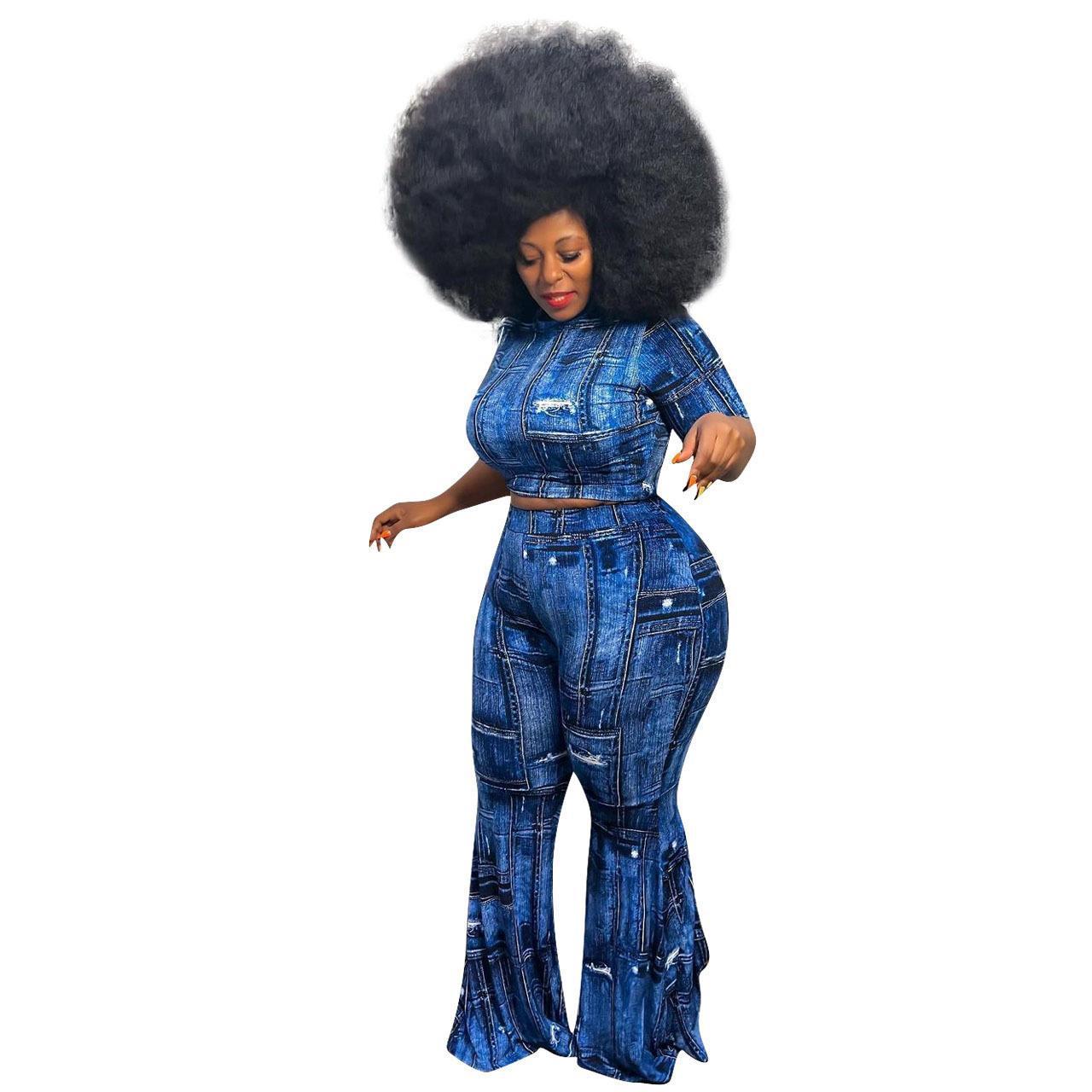 Women's Clothing Denim Printing Plus Size Two-piece Suit - Image 7