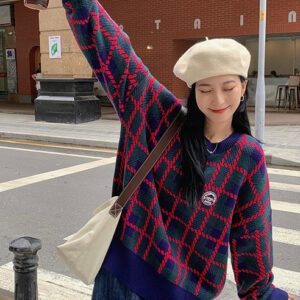 Retro Navy Blue Plaid Ladies Sweater