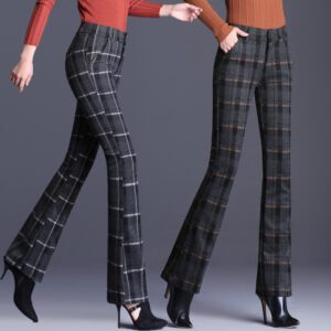Plaid woolen ladies casual flared pants