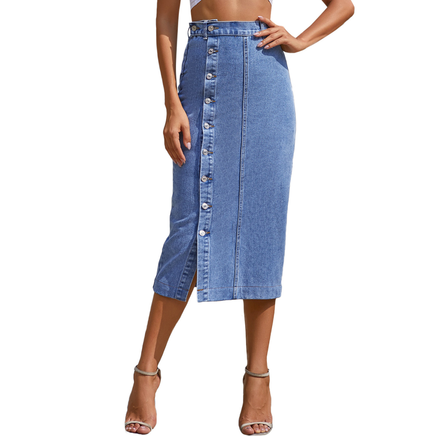 Button Irregular Slit denim High Waist Skirt - Image 4
