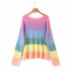 Rainbow Striped Pullover Ladies Sweater