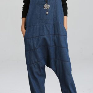 Vintage Women Jumpsuits Palazzo Pants Denim Jumpsuit Harem Pants Straps Pockets Jumpsuits Casual Pants Jumpsuit