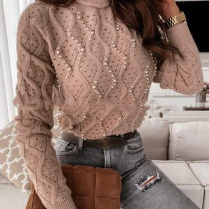 Ladies Apricot Bubble Bead Hollow Sweater