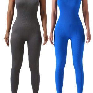 2 Pack Women's Ribbed Solid Color One-Piece Jumpsuit, Form-Fitting Sensual Activewear, Classic Sleeveless Full-Length Pants For Sport Casual Wear