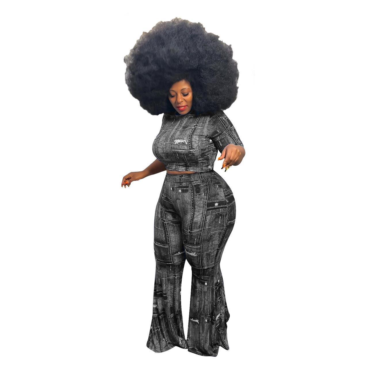 Women's Clothing Denim Printing Plus Size Two-piece Suit - Image 5