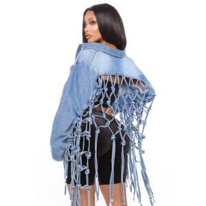 Fashion Ladies Mesh Fringed Denim Jacket