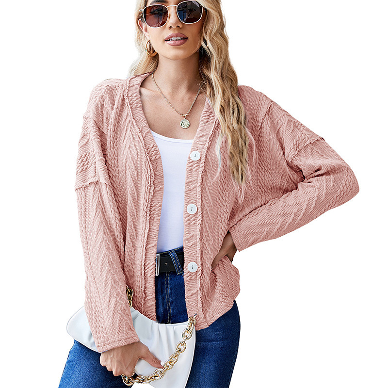 Ladies Sweet Jacquard Fabric V Neck Long Sleeve Short Sweater Jacket - Image 3