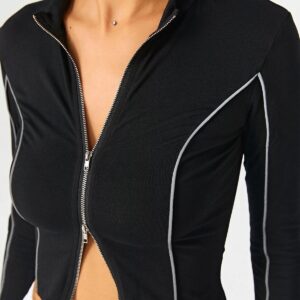 Women's Contrasting Color Line Standing Collar Wears Knitted Shirts